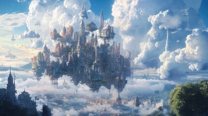 Fototapeta premium A Futuristic City Suspended Above Clouds with Reflected Image Below