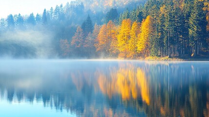   A water body encircled by trees, shrouded in mist inside, set against a backdrop of woods