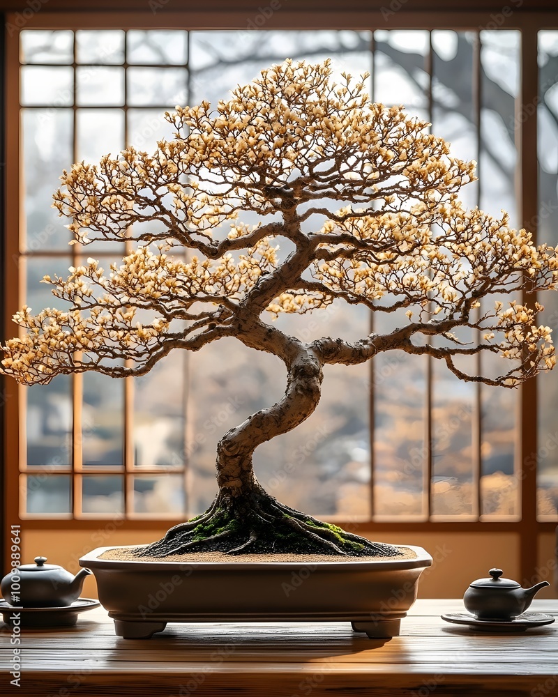 Poster a delicate bonsai tree with delicate branches and small white blooms sits on a table in front of a w
