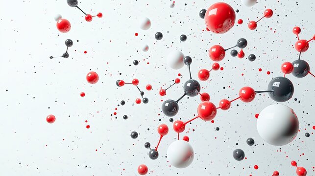 Vibrant molecular spherical structures in dynamic arrangement on a light background, showcasing complex chemical and biological elements in abstract style.