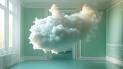 AI Generated Image Fluffy cloud flying in the pastel green colored interior