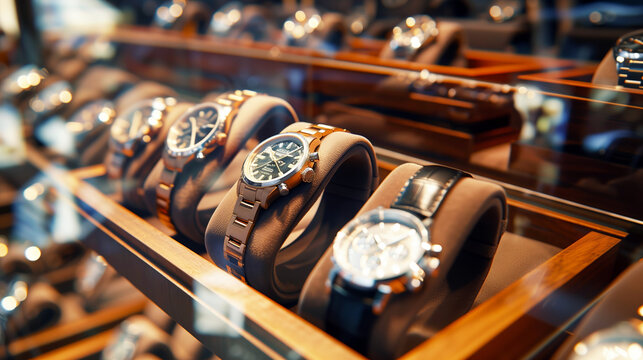 Elegant display of luxury watches in glass case with focus on sophisticated timepieces