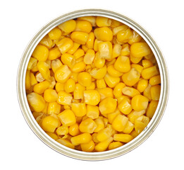 Yellow cooked wet corn in open tin can isolated on white, top view  