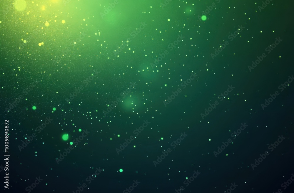 Poster a background of glowing green particles on a dark gradient, with subtle yellow highlights.