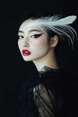 Fototapeta premium A young Japanese woman with dramatic, feather-shaped makeup sweeping down her face, standing against a black background, evoking a sense of grace and modern elegance.