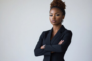 A fierce young adult Black woman in a chic suit, arms crossed against a professional white background, radiating confidence and determination.