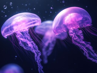 Fototapeta premium Three jellyfish glowing in purple and pink light, against a dark background