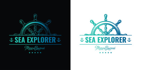 Original vector emblem of a ship steering wheel in vintage style.