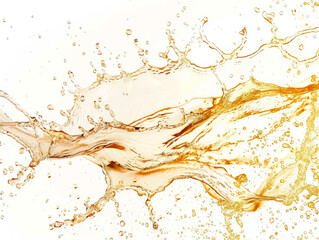 A splash of white wine creates a stunning visual display against a plain white background, highlighting the movement of liquid and flying droplets that evoke a sense of freshness and elegance