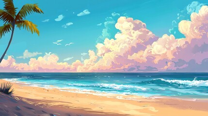 A painting featuring a palm tree in the foreground against a backdrop of a blue sky with cloud-filled skies