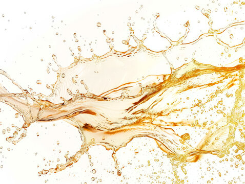 A splash of white wine creates a stunning visual display against a plain white background, highlighting the movement of liquid and flying droplets that evoke a sense of freshness and elegance