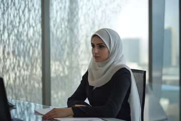 A young Arabian bank manager focused on a client's needs in a stylish, contemporary office. The modern design and inviting atmosphere enhance the professional dialogue.
