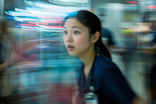 A young Asian nurse intensely focused on her tasks while coordinating with a team in an emergency room. The energy is high, with blurred motion capturing the frantic pace of life-saving interventions