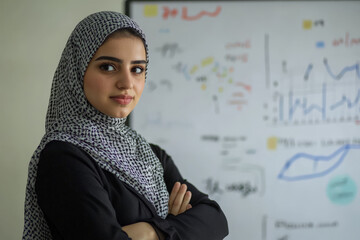 A young Arabian professional engaging the audience while standing next to a whiteboard, displaying charts. Her confident expression and posture showcase her expertise in the subject being discussed.
