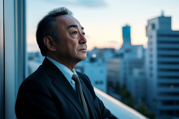 Fototapeta premium A middle-aged Japanese man in semi-formal clothing, standing on a balcony, looking out at the city skyline with a reflective demeanor, contemplating his career path.