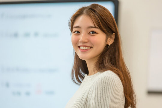 A young Japanese professional presenting confidently before a whiteboard, with an enthusiastic expression that inspires engagement. The detailed visuals enhance her authoritative presence.