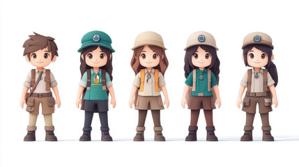 Fototapeta premium Five cartoon children dressed in explorer outfits.