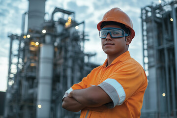 A proud young Hispanic power plant worker poses with arms crossed, the massive power plant looming behind him. His confident demeanor and safety gear reflect his dedication to ensuring efficient
