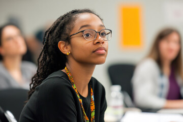 A young African American woman presenting her ideas in a workshop, while diverse colleagues engage in a lively discussion. The room is filled with visual aids, enhancing the collaborative atmosphere.