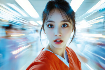 Obraz premium A young Asian nurse intensely focused on her tasks while coordinating with a team in an emergency room. The energy is high, with blurred motion capturing the frantic pace of life-saving interventions