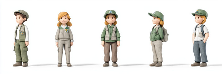 Five cartoon characters in ranger uniforms, all smiling.