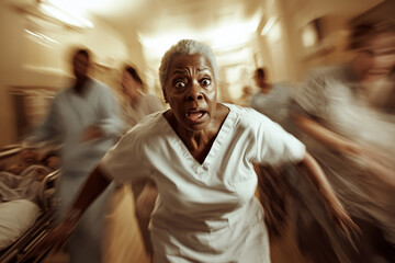 Obraz premium A dramatic scene capturing a senior African American nurse rushing to assist a doctor with a critical patient. The energy of the emergency room is palpable, with other medical professionals engaged in