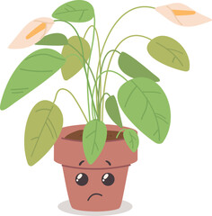 Upset face on flowerpot. Kawaii botany. Plant emotion