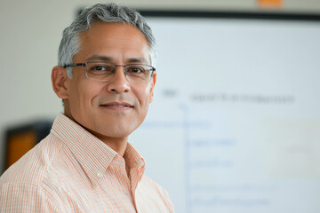 A senior Hispanic businessman presenting in front of a whiteboard, with a focused expression that conveys authority. The visual aids behind him enhance the impression of a seasoned expert in his field