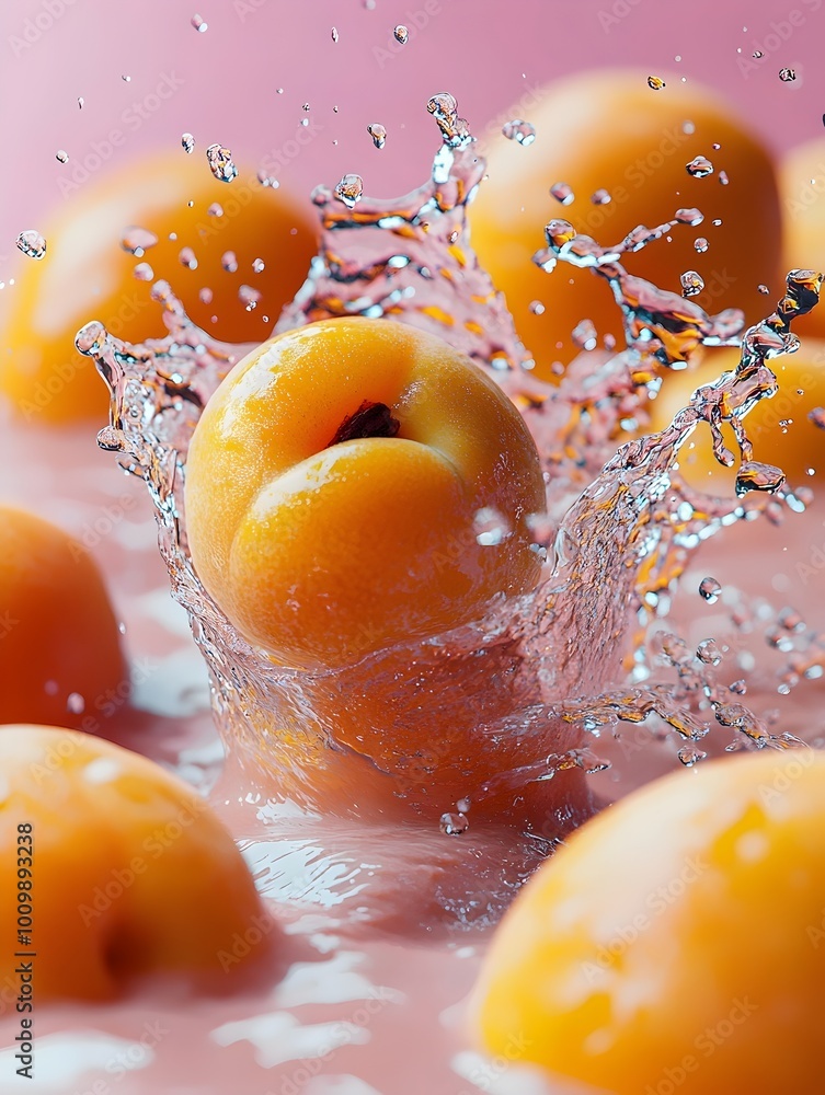 Poster A vibrant yellow peach splashes into a pool of water, creating a captivating display of water droplets and a burst of color.