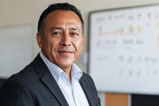 A senior Hispanic businessman presenting in front of a whiteboard, with a focused expression that conveys authority. The visual aids behind him enhance the impression of a seasoned expert in his field