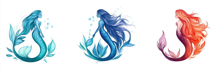 Fototapeta premium Three beautiful mermaids with flowing hair.