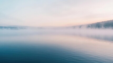 Fototapeta premium Serene mist over a calm lake at dawn, reflecting soft pastel colors.