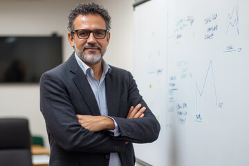 A middle-aged Brazilian professional standing proudly before a whiteboard, pointing to key points. His confident stance and authoritative presence make him an inspiring figure in a business setting.