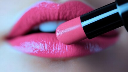 Obraz premium A photo of a woman's lips with a vivid pink lipstick applied, and a black lip brush nearby