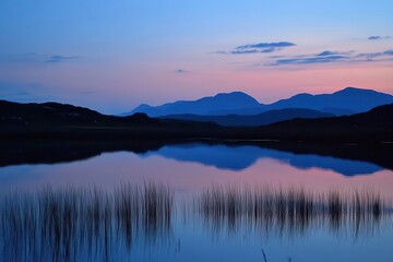 Serene twilight over a tranquil lake reflecting distant mountains and soft pastel skies.