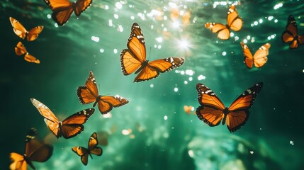 Beautiful butterflies flying in clear green water with sunlight shining on them.