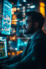 Obraz premium A young adult Arabian stock trader in a sharp suit, deeply engaged in an intense trading session, surrounded by screens, with a breathtaking neon cityscape glowing behind him, highlighting his