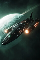 A spacecraft with luminous LED lights and holographic panels that shift colors, soaring past a giant gas planet, the dark void of space surrounding the scene.