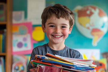 A little schoolboy, aged six, with short brown hair and a bright smile, holds a pile of educational books in a lively classroom. The background showcases a colorful globe and art projects,