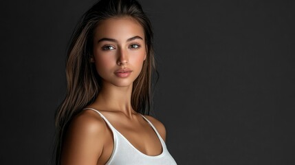 Fototapeta premium Health and Medicine Concepts - A woman wearing a white t-shirt in support of breast cancer.