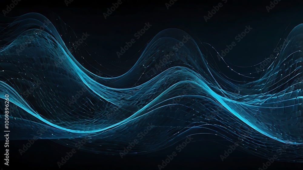 Poster abstract fractal digital design of blue waves and curves with a smooth motion textured background on