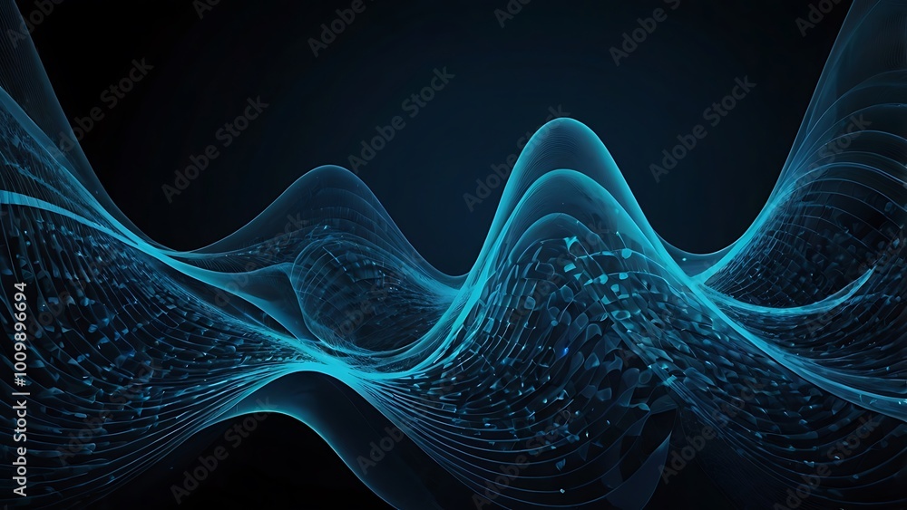 Poster abstract fractal digital design of blue waves and curves with a smooth motion textured background on
