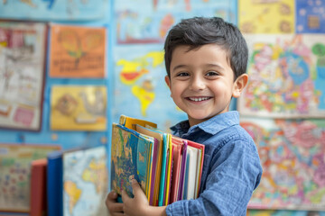 A young boy, about six years old, with short black hair and a big grin, clutches an assortment of books in a cheerful classroom. The walls are decorated with drawings and maps, creating a stimulating