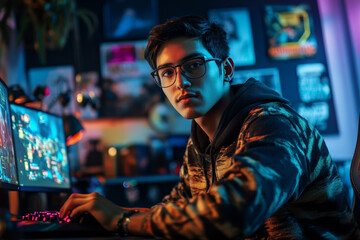 Fototapeta premium A young adult Hispanic man, in trendy streetwear, engages in a competitive e-sports game. The high-detail background features gaming trophies and posters, reflecting his dedication and skill in the