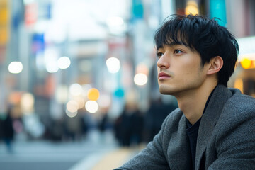 A young adult Japanese man in a casual blazer, seated on a city street curb with a thoughtful expression, pondering his future amidst the hustle and bustle of urban life.