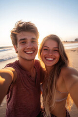 Obraz premium A young adult Caucasian couple strikes playful poses for a selfie on the beach, their joy radiating as they enjoy the beauty of their surroundings, embodying top model energy.