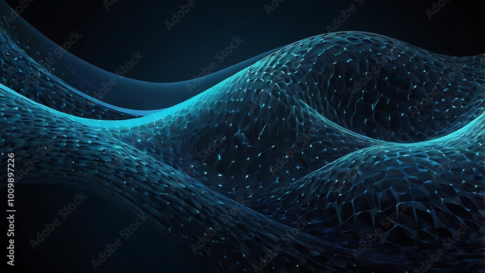 Poster abstract fractal digital design of blue waves and curves with a smooth motion textured background on