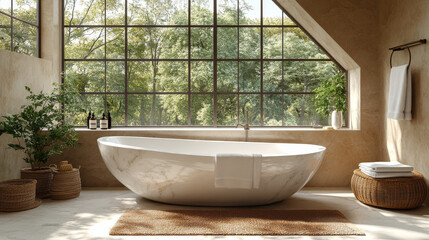 Fototapeta premium Relaxing bathtub with large window and green views