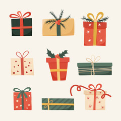 Nine colorful Christmas gift boxes. Festive presents with decorative bows and holiday elements