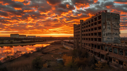 Old abandoned building at sunset with dramatic sky and reflections on the water